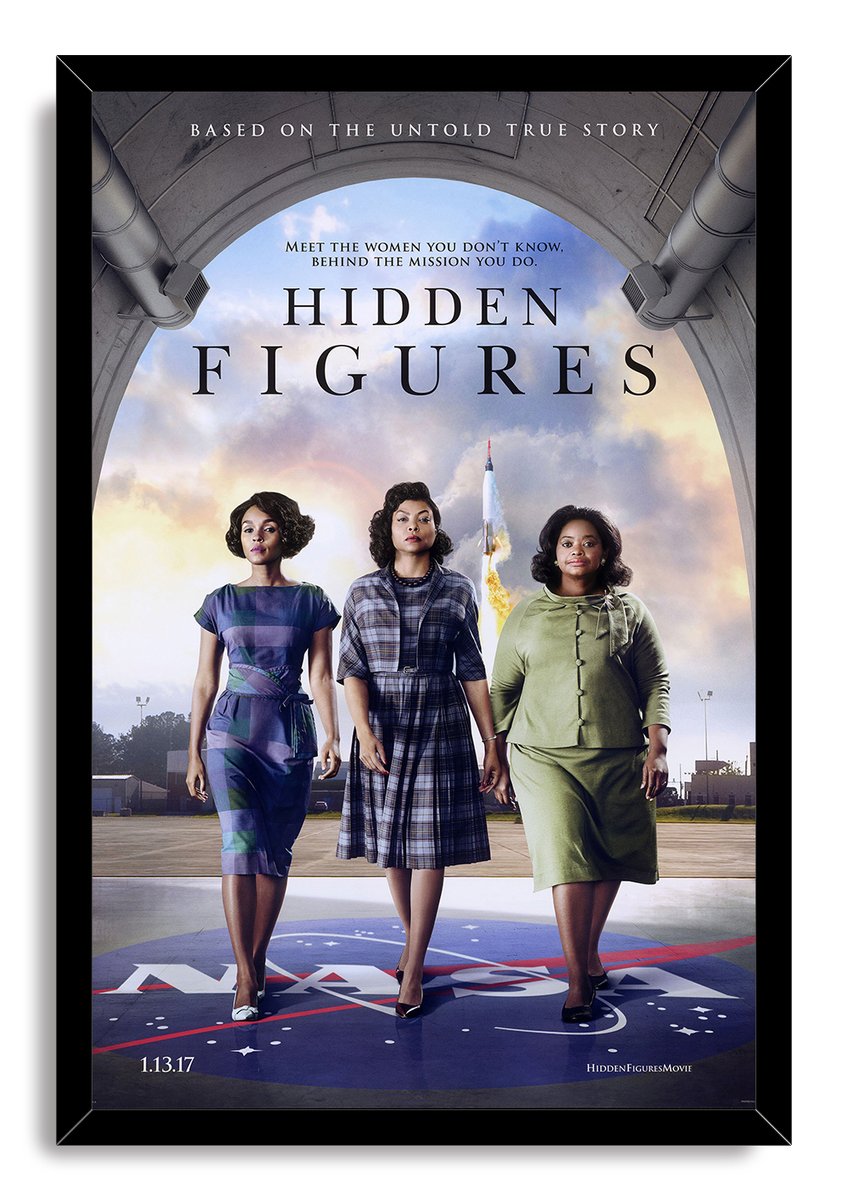 Hidden Figures movie poster framed wall art print with three women walking beneath a hangar arch and a rocket in the sky.