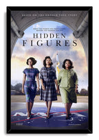Hidden Figures movie poster framed wall art print with three women walking beneath a hangar arch and a rocket in the sky.