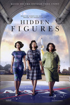 Hidden Figures movie poster wall art print featuring three women walking before a launching rocket beneath a hangar arch.