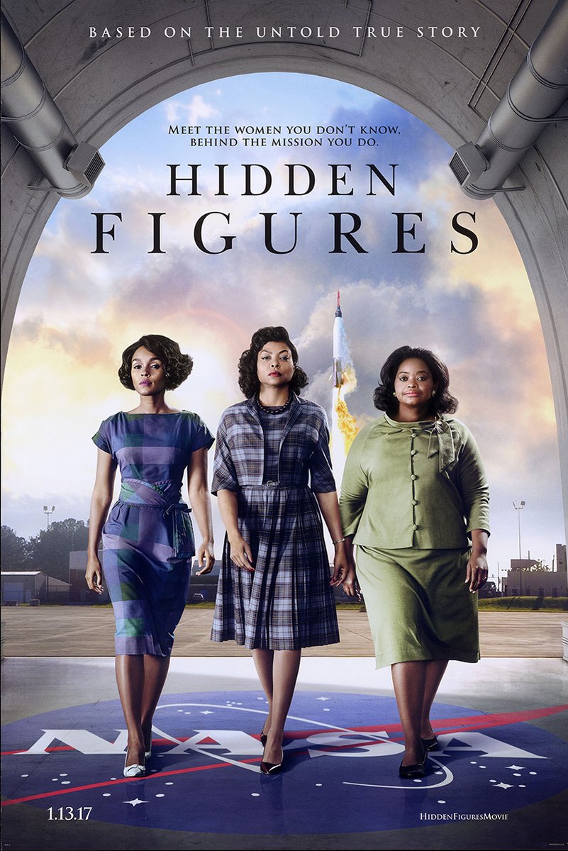 Hidden Figures movie poster wall art print featuring three women walking before a launching rocket beneath a hangar arch.