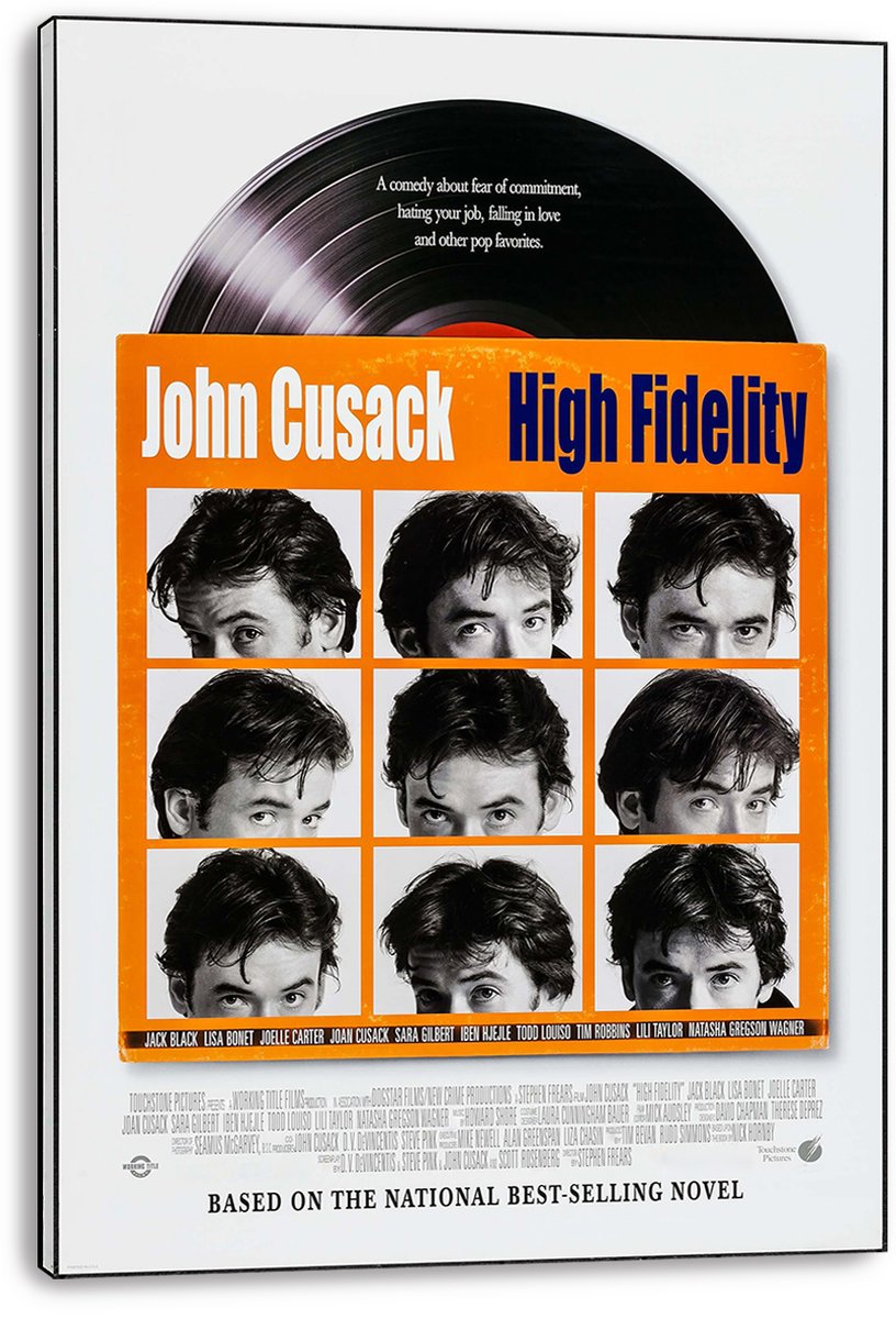 High Fidelity wall art print displayed on a slim canvas, with a vinyl record and orange grid of nine John Cusack portraits.