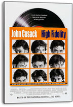 High Fidelity wall art print displayed on a slim canvas, with a vinyl record and orange grid of nine John Cusack portraits.