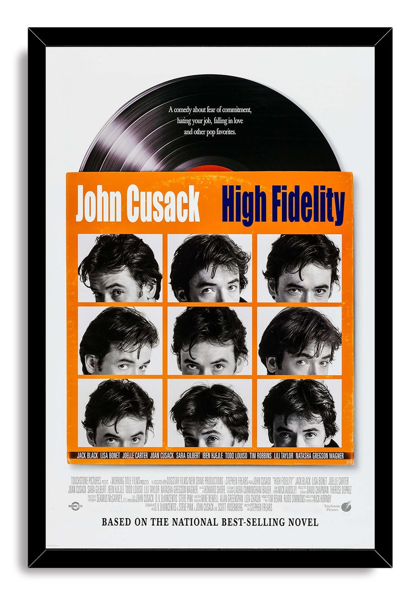High Fidelity poster framed in black, featuring a vinyl record and nine monochrome John Cusack headshots on orange.