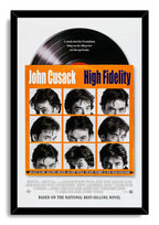 High Fidelity poster framed in black, featuring a vinyl record and nine monochrome John Cusack headshots on orange.