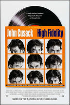High Fidelity poster featuring a black vinyl record above an orange sleeve with nine black-and-white John Cusack portraits.