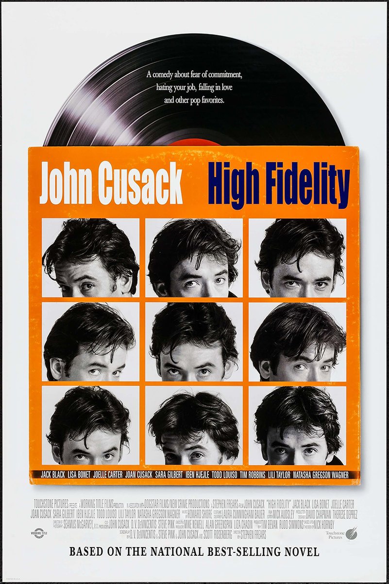 High Fidelity poster featuring a black vinyl record above an orange sleeve with nine black-and-white John Cusack portraits.