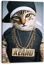 Hip-hop cat canvas wall art print featuring a tabby in a black cap and dark shirt layered with gold KEANU chains.