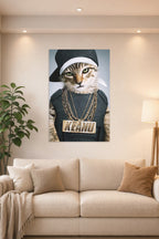 Hip-Hop Cat Keanu in a bright living room above a beige sofa.