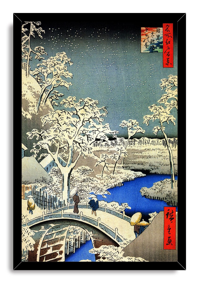 Framed wall art print depicting a snowy Japanese landscape with white trees, a vivid blue river, bridge walkers, and red calligraphy panels.