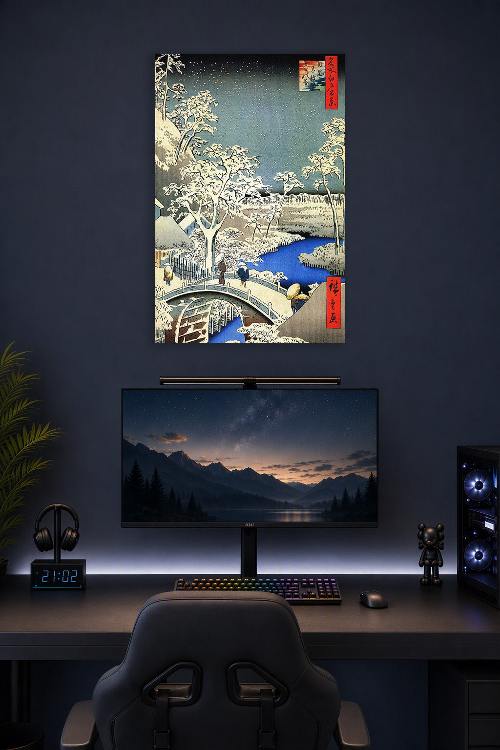 Hiroshige Style Winter Village Snowy Landscape in a gaming desk setup above a monitor.