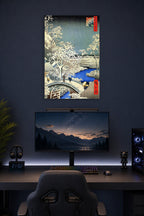 Hiroshige Style Winter Village Snowy Landscape in a gaming desk setup above a monitor.
