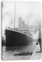 Titanic canvas wall art print displays a black-and-white dockside view of the liner, its funnels smoking above rippling water.