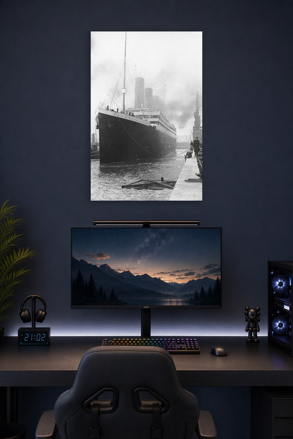 Historic Titanic Ship in a gaming desk setup above a monitor.