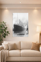 Historic Titanic Ship in a bright living room above a beige sofa.