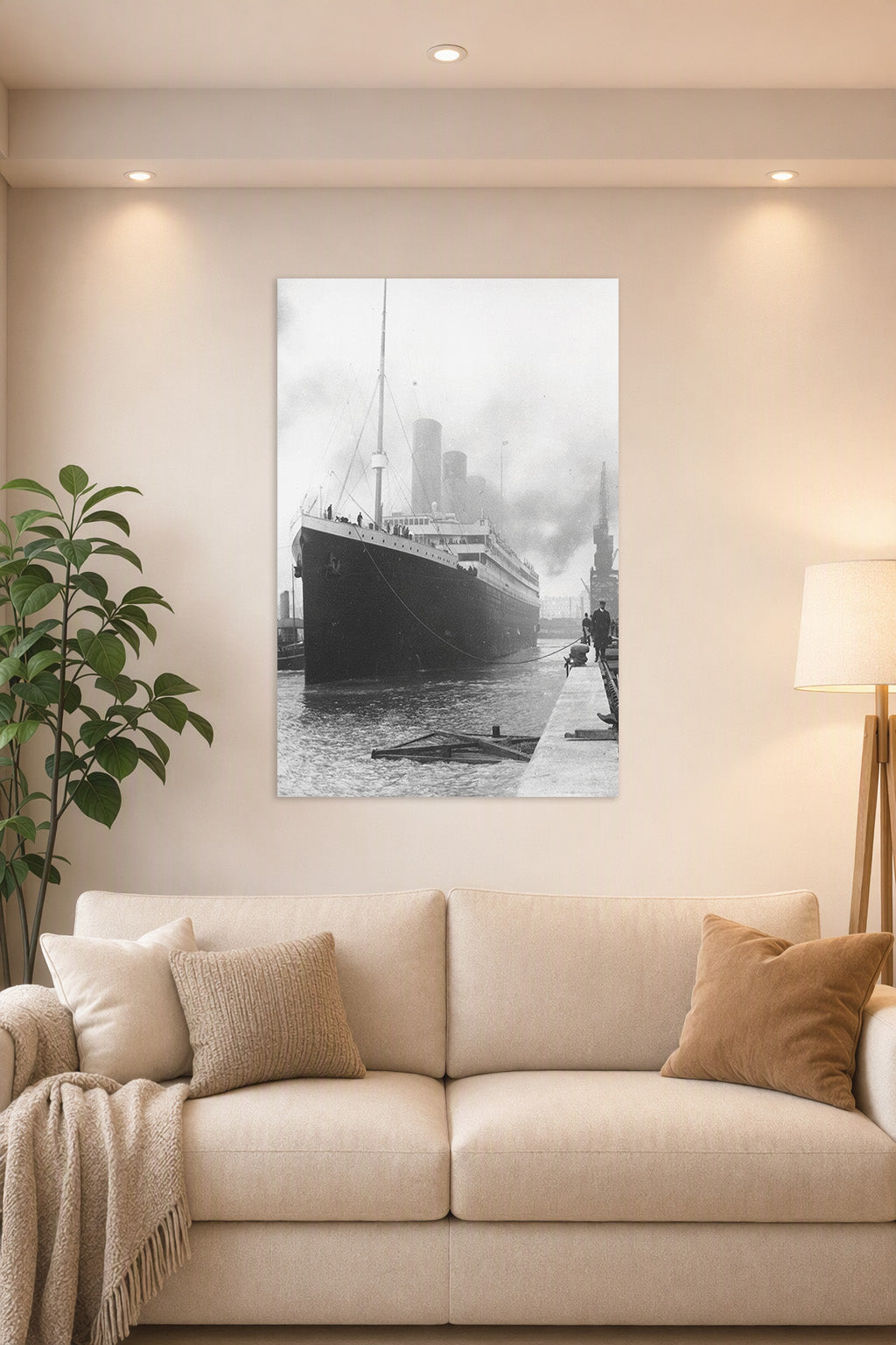 Historic Titanic Ship in a bright living room above a beige sofa.