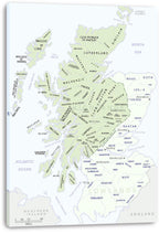 Scottish clans map canvas wall art print displaying pale green clan territories and labeled regions across Scotland.