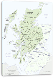 Scottish clans map canvas wall art print displaying pale green clan territories and labeled regions across Scotland.