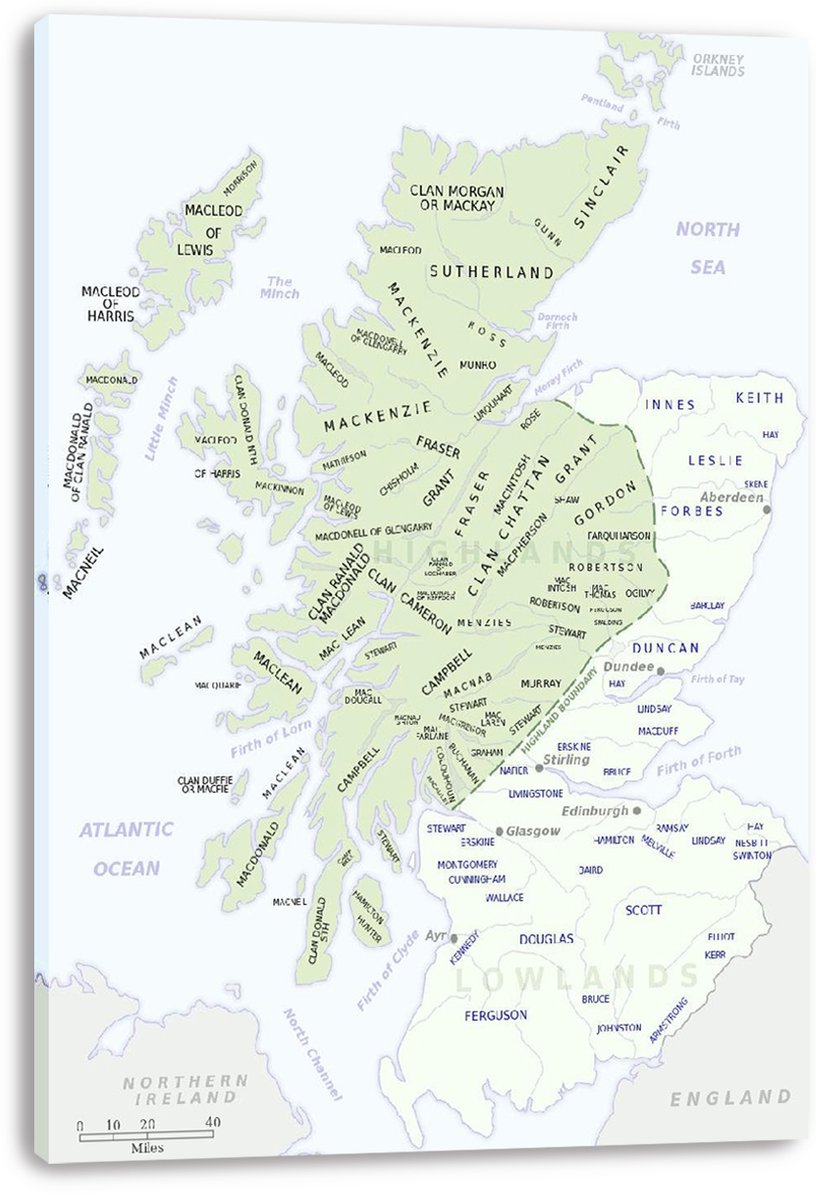 Scottish clans map canvas wall art print displaying pale green clan territories and labeled regions across Scotland.