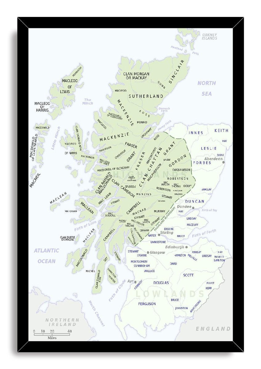 Scottish clans map wall art print in a black frame, with pale green territories, clan names, and surrounding seas.
