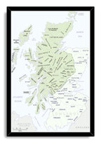 Scottish clans map wall art print in a black frame, with pale green territories, clan names, and surrounding seas.
