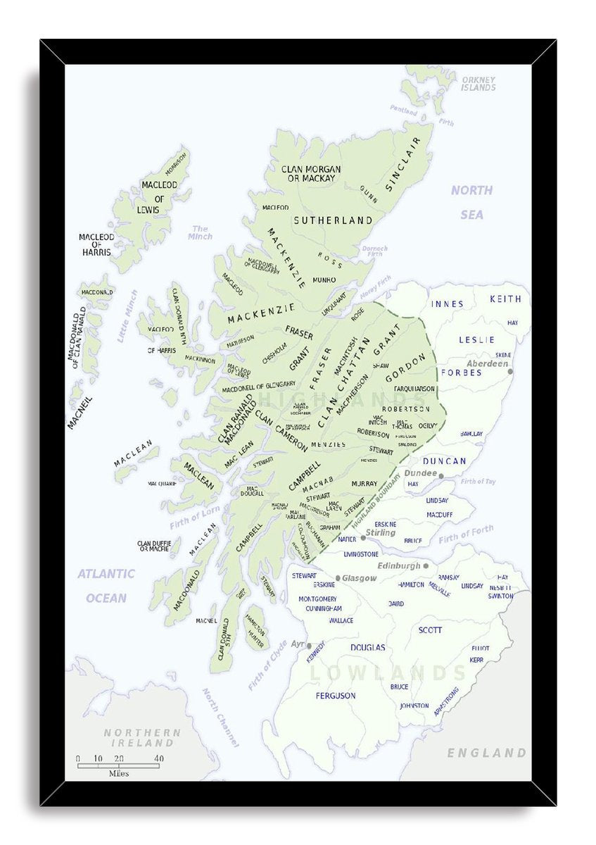 Scottish clans map wall art print in a black frame, with pale green territories, clan names, and surrounding seas.