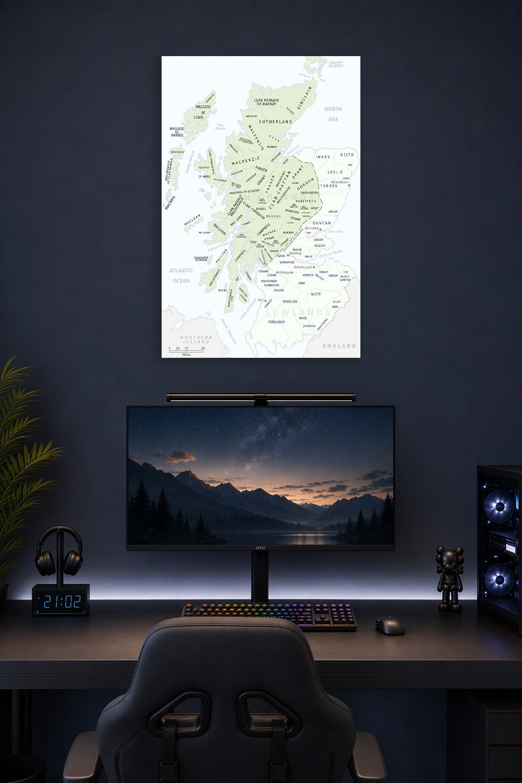 Historical Scottish Clans Map in a gaming desk setup above a monitor.