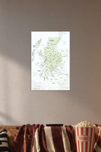 Historical Scottish Clans Map in a cozy movie room above a brown sofa with popcorn.