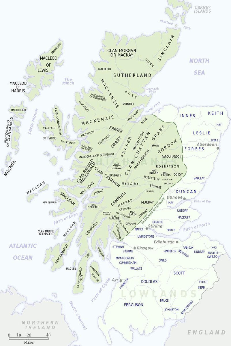 Scottish clans map poster with pale green territorial regions, black clan names, islands, seas, and a miles scale.