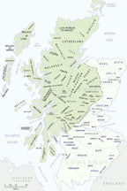 Scottish clans map poster with pale green territorial regions, black clan names, islands, seas, and a miles scale.