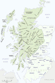 Scottish clans map poster with pale green territorial regions, black clan names, islands, seas, and a miles scale.
