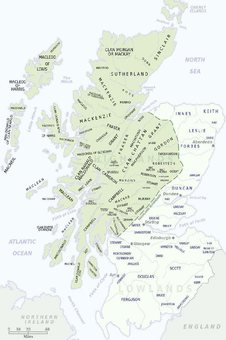 Scottish clans map poster with pale green territorial regions, black clan names, islands, seas, and a miles scale.