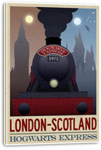 Hogwarts Express canvas wall art print presents locomotive 5972 beneath smoke, moons, stars, London and castle silhouettes.