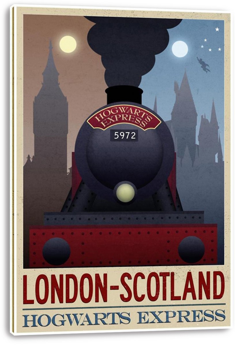 Hogwarts Express canvas wall art print presents locomotive 5972 beneath smoke, moons, stars, London and castle silhouettes.