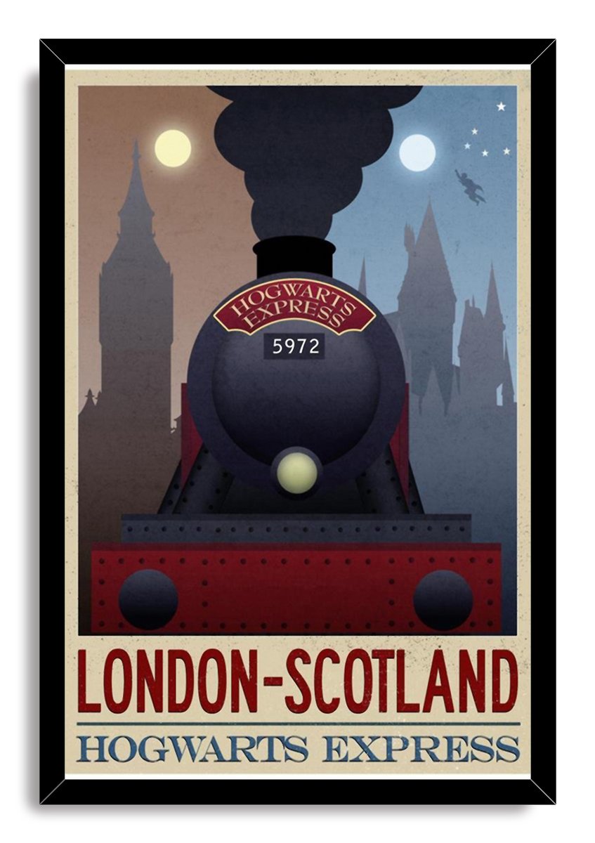 Hogwarts Express framed wall art print depicts a front-facing red and black train, skyline silhouettes, moons, stars, and flying figure.