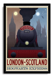 Hogwarts Express framed wall art print depicts a front-facing red and black train, skyline silhouettes, moons, stars, and flying figure.