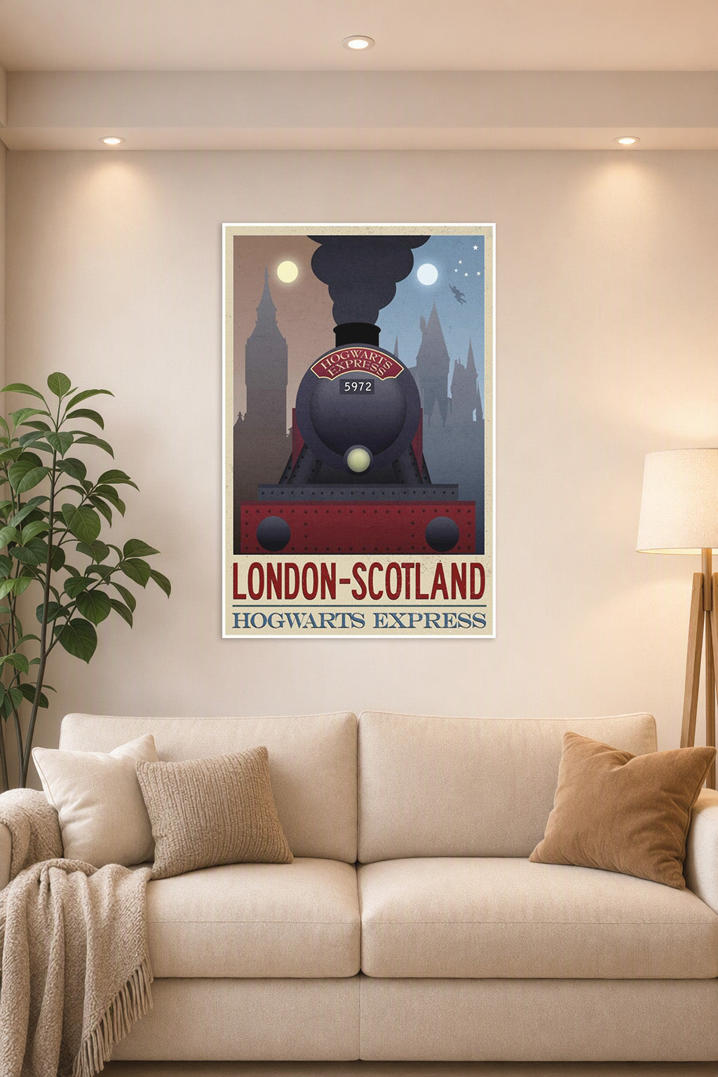 Hogwarts Express London Scotland Travel in a bright living room above a beige sofa.