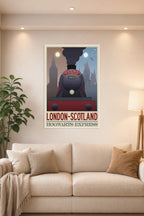 Hogwarts Express London Scotland Travel in a bright living room above a beige sofa.