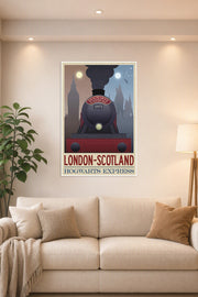 Hogwarts Express London Scotland Travel in a bright living room above a beige sofa.