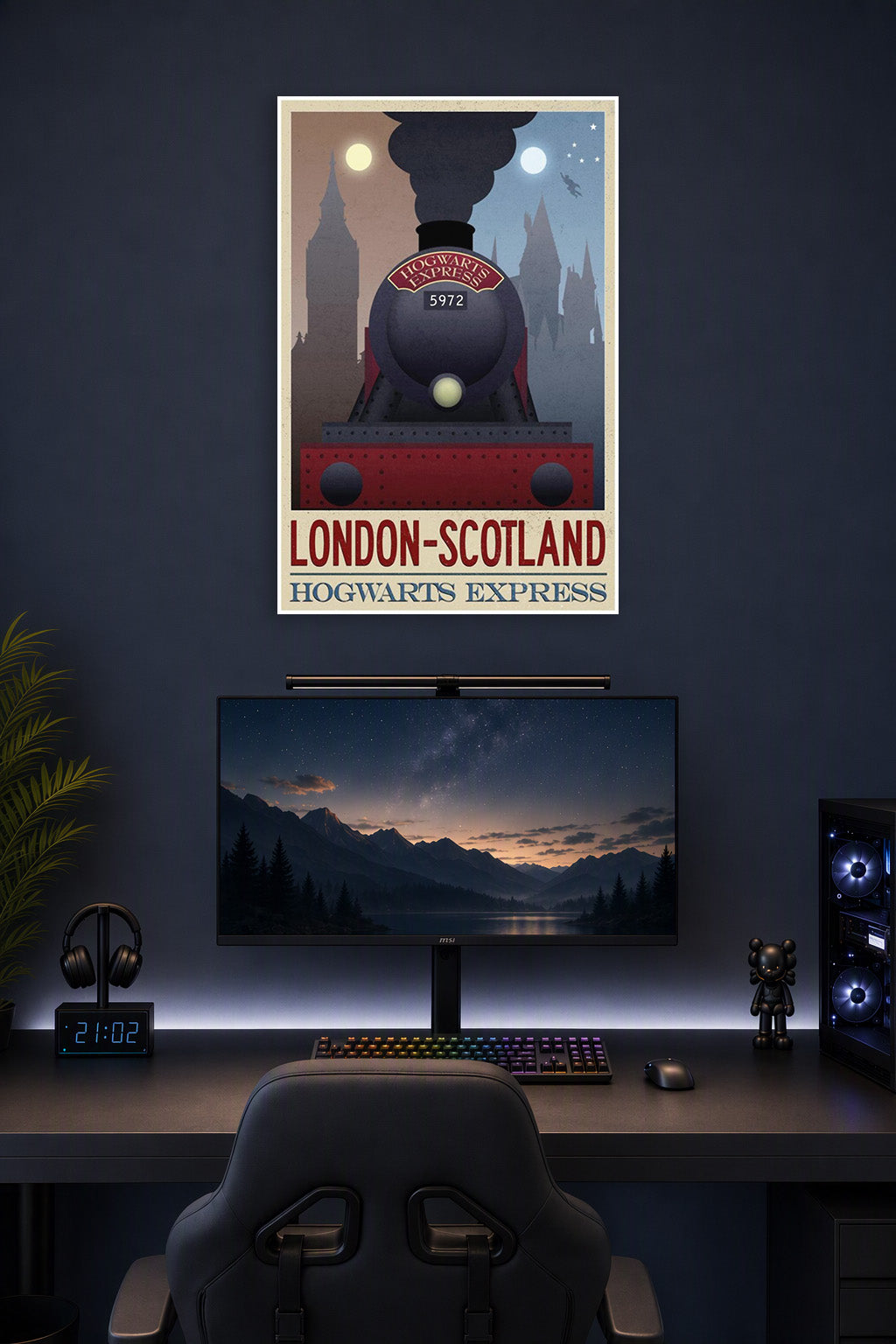 Hogwarts Express London Scotland Travel in a gaming desk setup above a monitor.