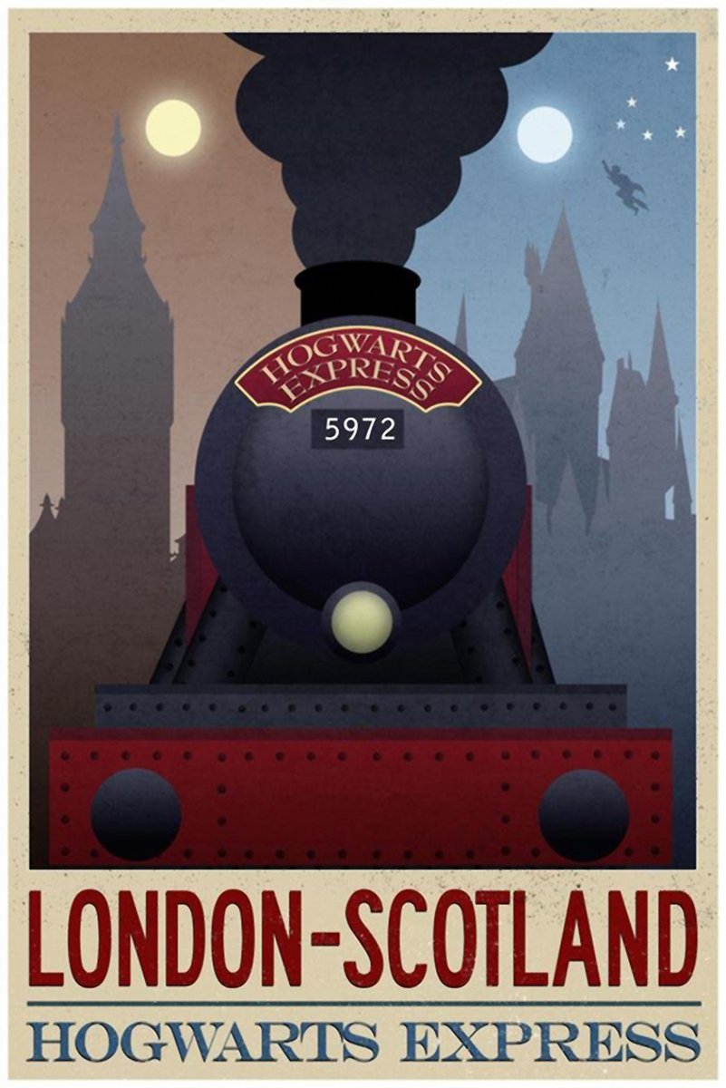 Hogwarts Express poster features steam locomotive 5972, London and castle silhouettes, twin moons, and a flying figure.