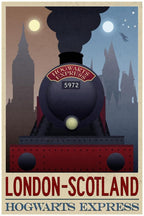 Hogwarts Express poster features steam locomotive 5972, London and castle silhouettes, twin moons, and a flying figure.