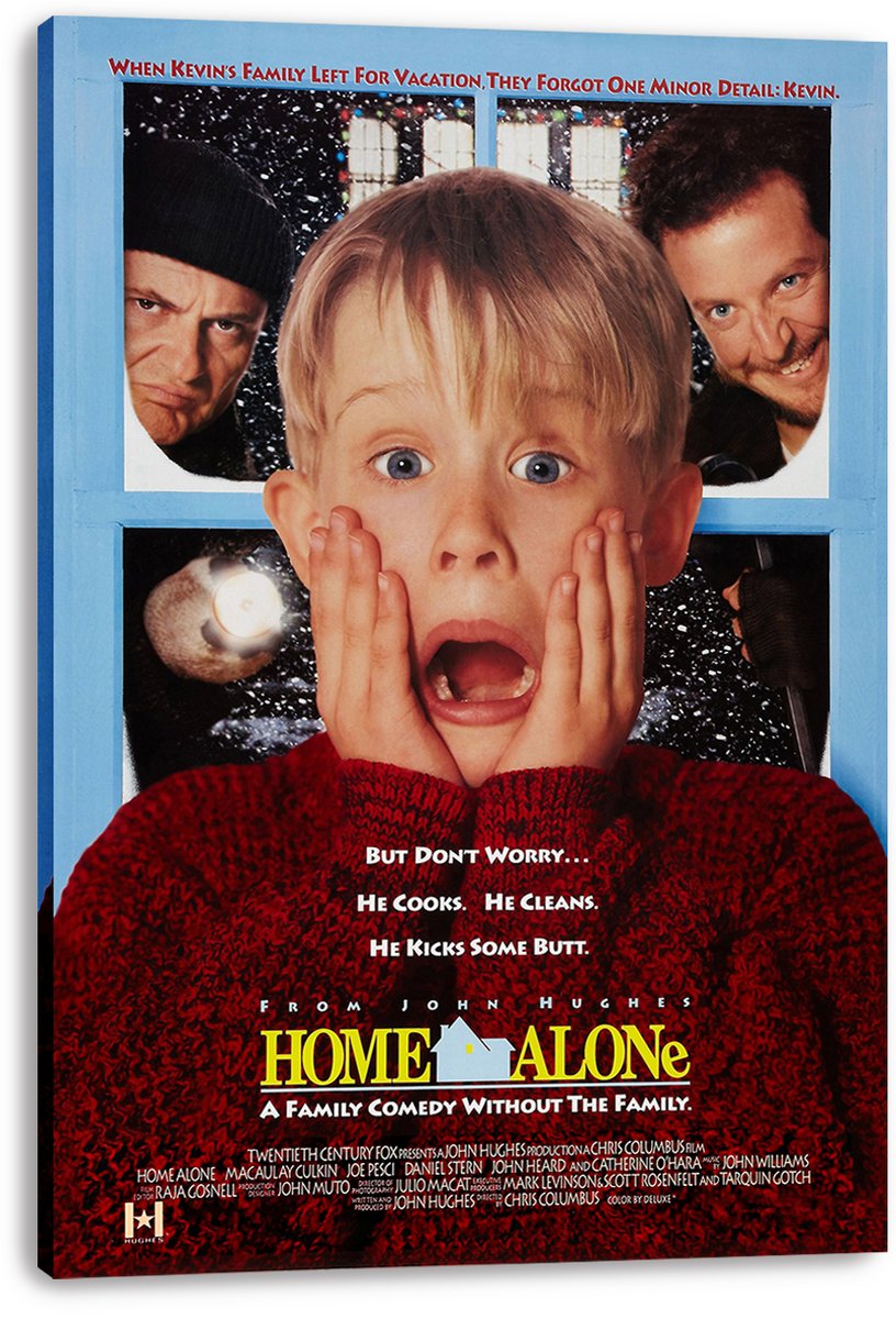 Home Alone canvas wall art print featuring Kevin's shocked face, two intruders at the window, and the yellow film title below.