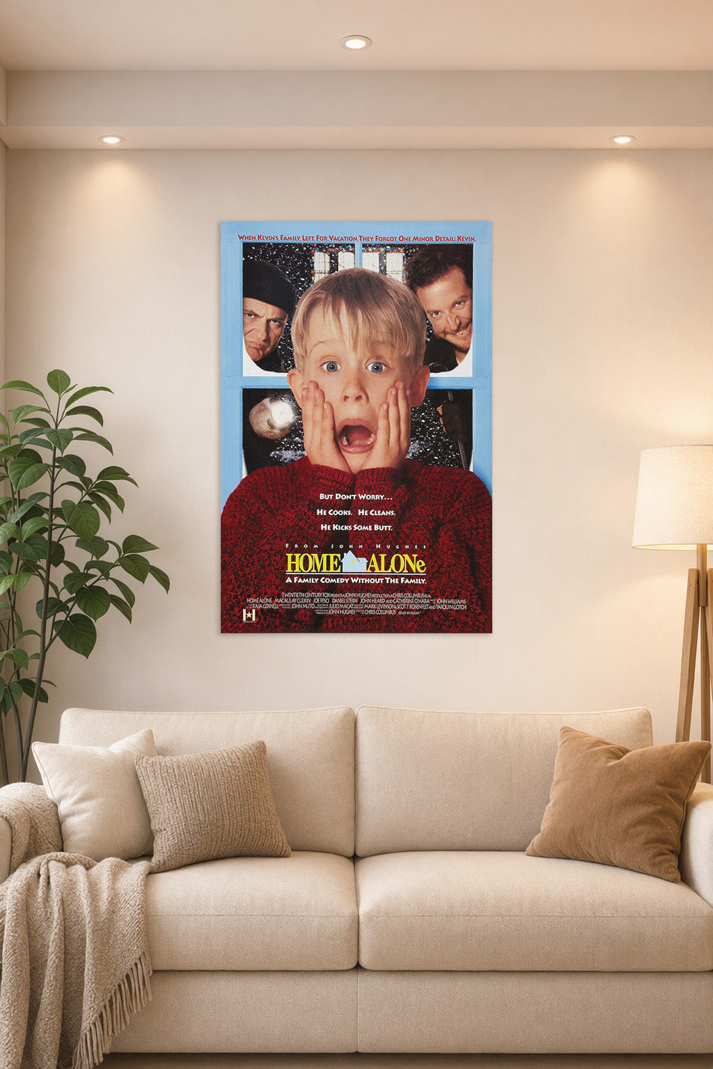 Home Alone Kevin McCallister in a bright living room above a beige sofa.
