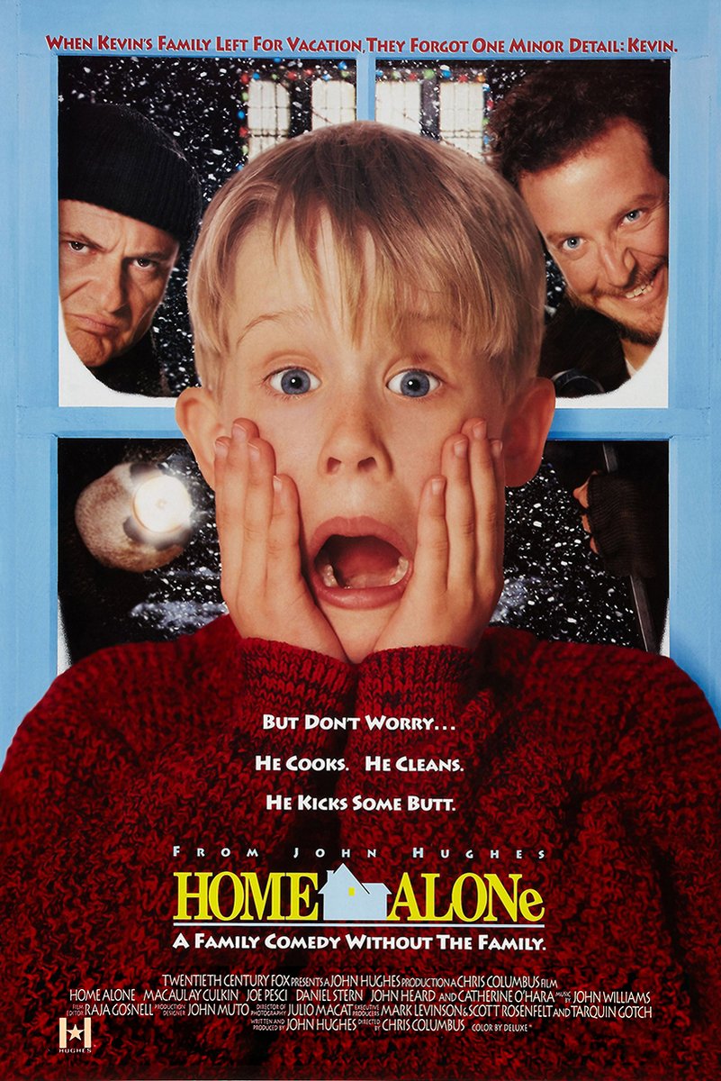 Home Alone poster with Kevin McCallister in a red sweater screaming with hands on his cheeks as two men peer through a blue window.