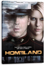 Homeland wall art print on canvas features close-up portraits of a uniformed man and blonde woman, with a visible wrapped edge.
