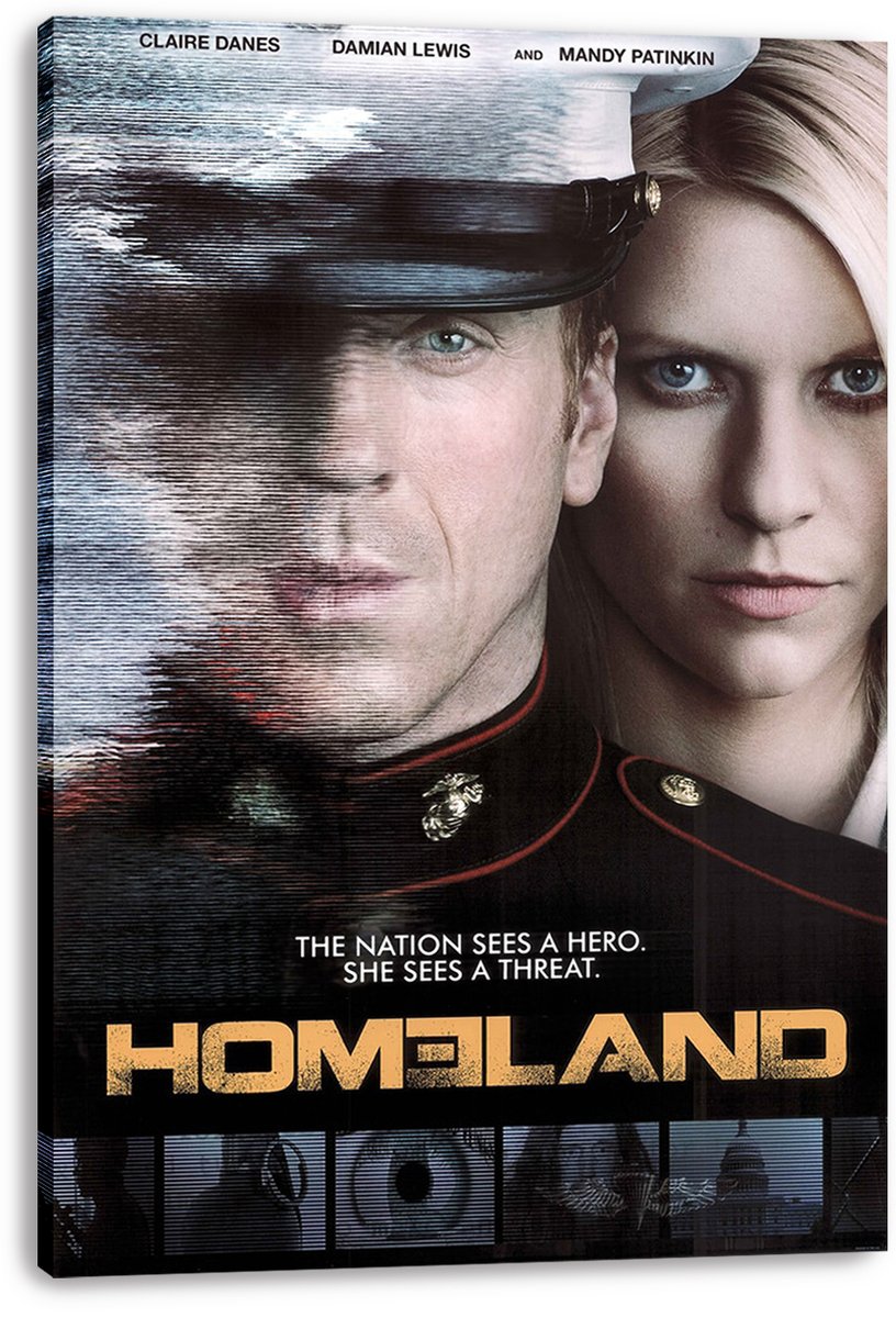 Homeland wall art print on canvas features close-up portraits of a uniformed man and blonde woman, with a visible wrapped edge.