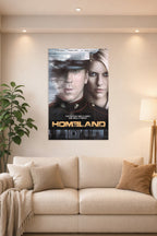 Homeland TV Series in a bright living room above a beige sofa.