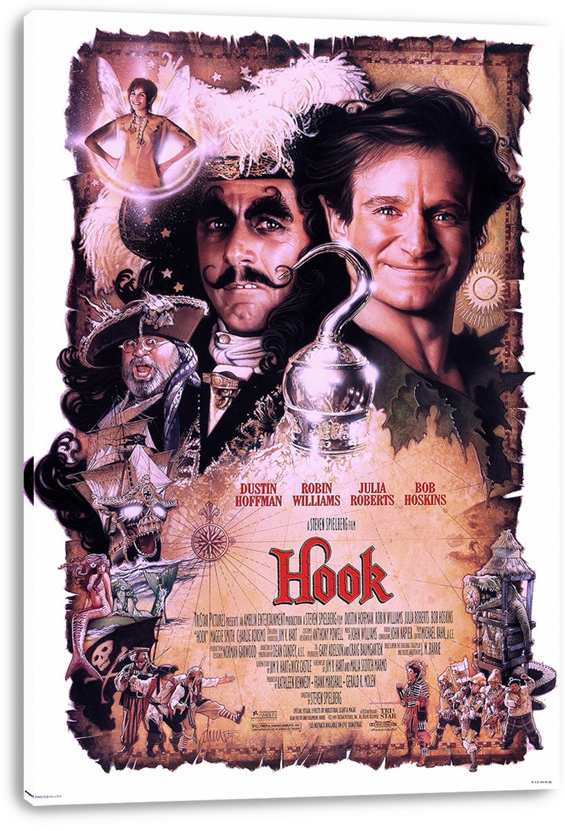 Hook wall art print on canvas displays Captain Hook and Peter Pan portraits with Tinker Bell, pirate ship, hook, and red title.