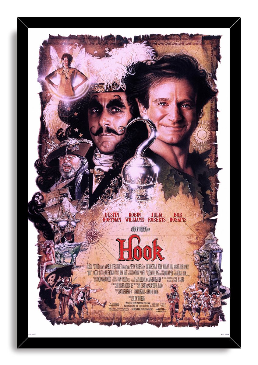 Hook movie poster in a black frame presents Captain Hook, Peter Pan, Tinker Bell, pirate figures, ship, and vintage map artwork.