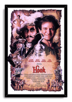 Hook movie poster in a black frame presents Captain Hook, Peter Pan, Tinker Bell, pirate figures, ship, and vintage map artwork.